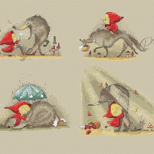 Little Red Riding Hood, wolf, acquaintance, meeting, fairy tale, embroidery, needlework, cross stitch, hobby, handmade