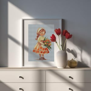 Girl, summer, tulips, cute, embroidery, needlework, cross stitch, hobby, handmade