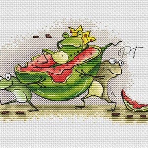May include: A whimsical illustration depicts three green frogs, one wearing a crown, pushing a watermelon. The watermelon is cut open, revealing red fruit. One frog runs ahead, and a piece of watermelon rind is on the ground.