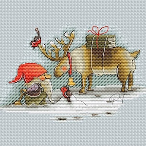 Santa, Christmas, deer, Rudolph, gifts, winter, embroidery, needlework, cross stitch, hobby, handmade