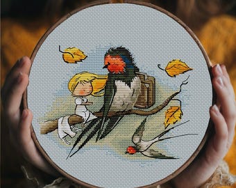 Duimelijntje, zwaluw, herfst, schattig, borduurwerk, handwerken, kruissteek, hobby, handgemaakt