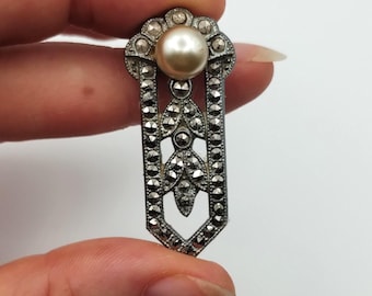 Vintage Dress Clip, Faux Pearl and Marcasite, Art Deco 1930s