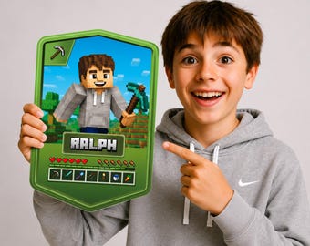 Placa de juego de mina personalizada / Letrero de habitación con personaje personalizado, impresión de puerta, retrato de jugador de mesa, artesanía, regalo para dormitorio, regalo para hijo e hija