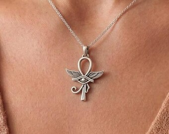 Winged Ankh Eye of Horus Necklace | 925 Sterling Silver Unisex Jewelry | Ancient Egyptian Protection Symbol | Meaningful Spiritual Gift
