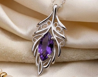 Elven Leaf Necklace | 925 Sterling Silver Jewelry | Amethyst Gem Fantasy Design | February Birthstone Gift for Her