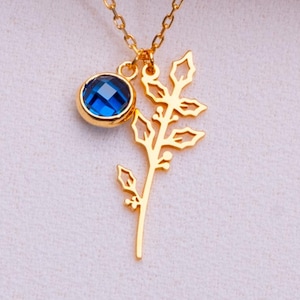 December Holly Berry Birth Flower Necklace • Blue Topaz Jewelry • Floral Gold Pendant • Personalized Birthday Gift • Handmade December