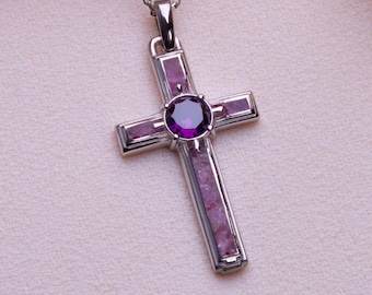 Dainty Amethyst Cross Necklace: Sterling Silver, Birthstone Charm