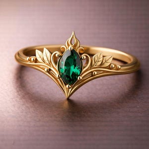 May include: A gold ring featuring a marquise-cut emerald green gemstone at the center. The band is designed with intricate metalwork resembling stylized leaves and swirling vines that extend outward from the central stone setting.