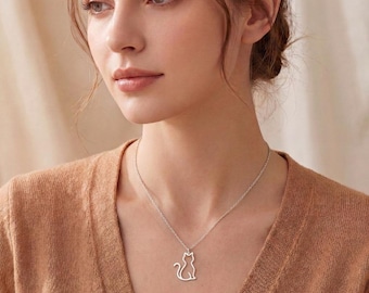Cat Outline Necklace | 925 Sterling Silver Jewelry | Minimalist Animal Silhouette | Meaningful Gift for Cat Lovers