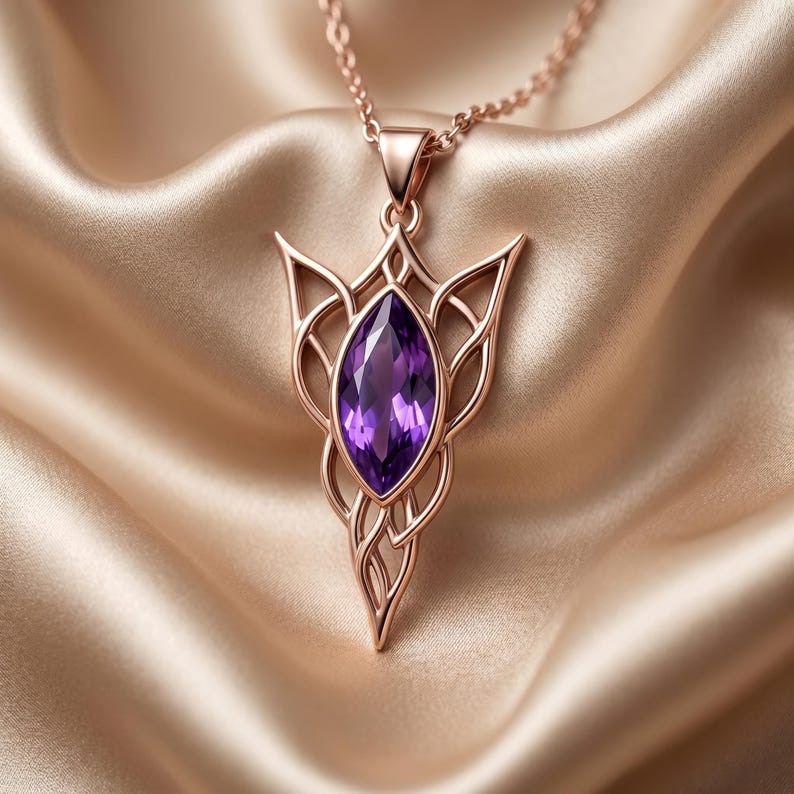 Elven Birthstone Pendant Necklace | Sterling Silver Amethyst | Elven Fantasy & Mystical Design | Meaningful Gift for Her image 4