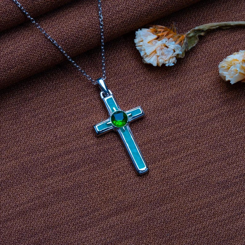 Handmade Natural Stone Cross Necklace with Birthstone, crafted from 925 sterling silver. Sideways cross symbolizes faith and protection, with natural stone resin for healing and personal energy. Available in 14K gold, silver, rose gold, or black plating. Adjustable cable chain (14–22 inch) with lobster clasp. Hypoallergenic and nickel-free. Perfect for baptisms, birthdays, or meaningful spiritual gifts. Gift-ready packaging included.