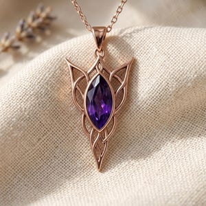 Elven Birthstone Pendant Necklace | Sterling Silver Amethyst | Elven Fantasy & Mystical Design | Meaningful Gift for Her image 11