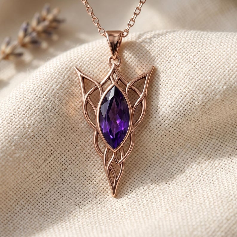 Elven Birthstone Pendant Necklace | Sterling Silver Amethyst | Elven Fantasy & Mystical Design | Meaningful Gift for Her image 11