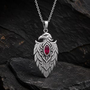 Raven Feather Totem Sterling Silver Pendant Necklace with Marquise Ruby Stone