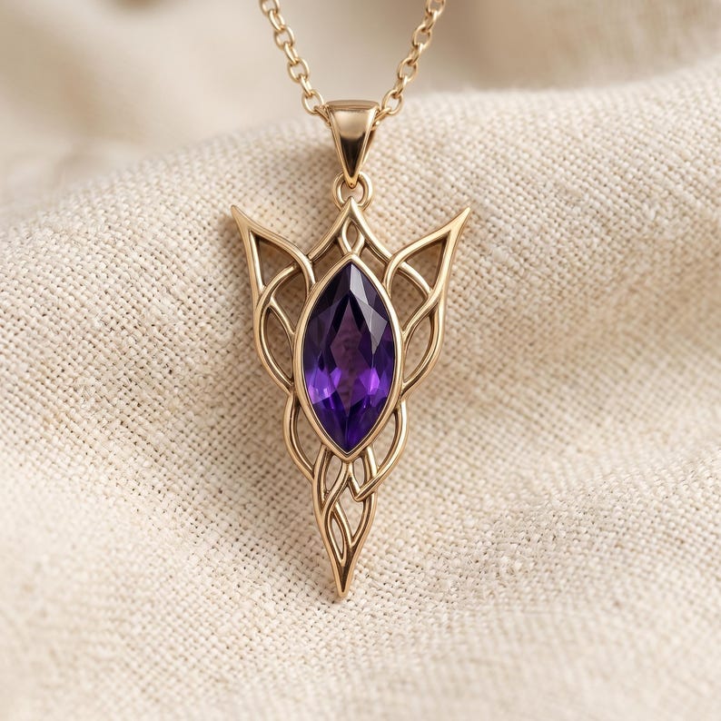 Elven Birthstone Pendant Necklace | Sterling Silver Amethyst | Elven Fantasy & Mystical Design | Meaningful Gift for Her image 10