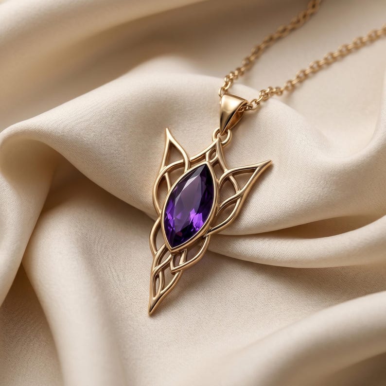 Elven Birthstone Pendant Necklace | Sterling Silver Amethyst | Elven Fantasy & Mystical Design | Meaningful Gift for Her image 2