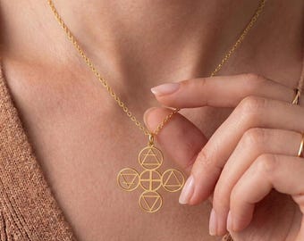 May include: A gold-toned necklace featuring a pendant composed of five interconnected circles. The central circle contains a cross, while the four surrounding circles each display a different geometric triangle symbol representing the four elements.