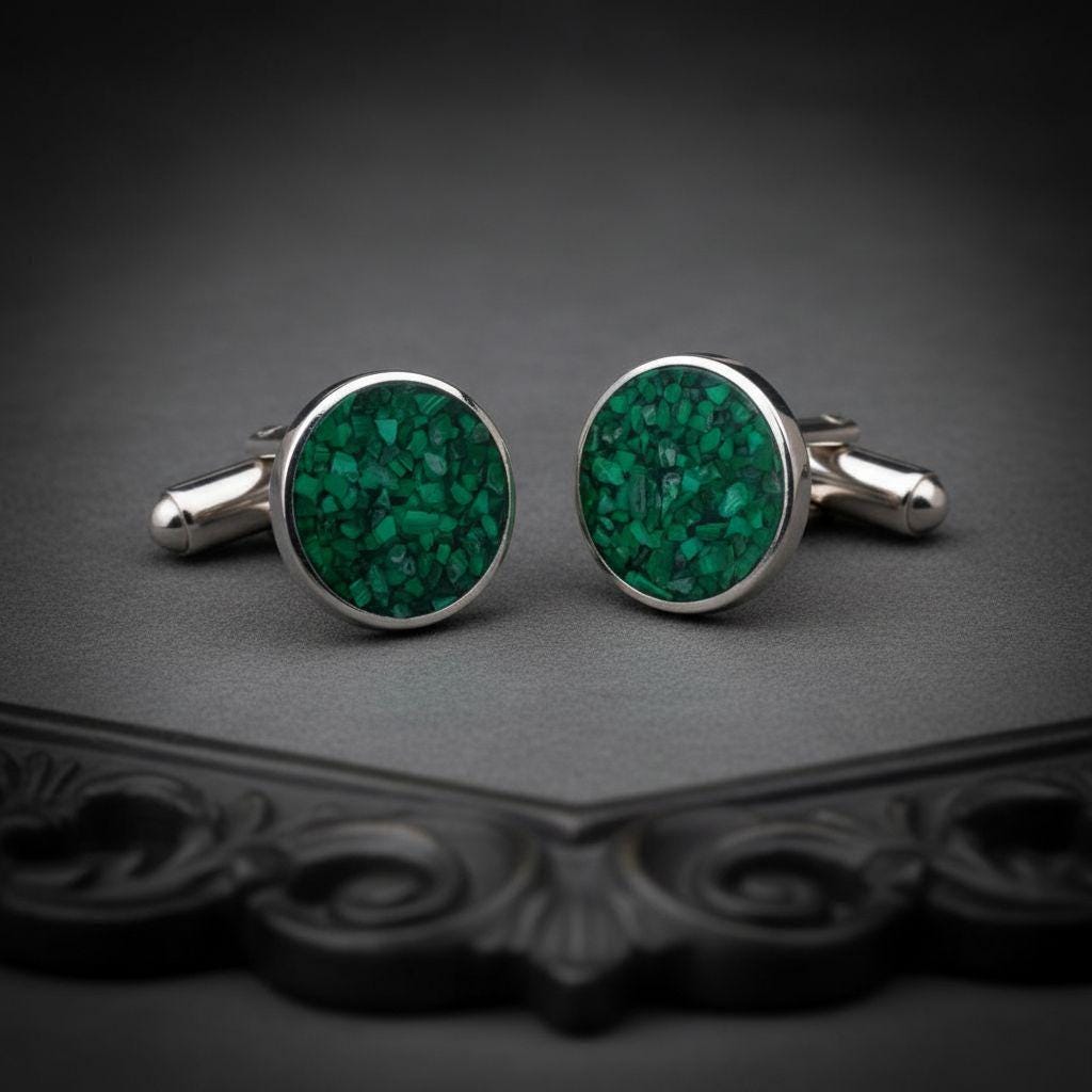 Personalized Malachite Stone Cufflinks 925 Sterling Silver Mens Jewelry Minimalist Vintage Gothic Style Wedding and Anniversary Gift