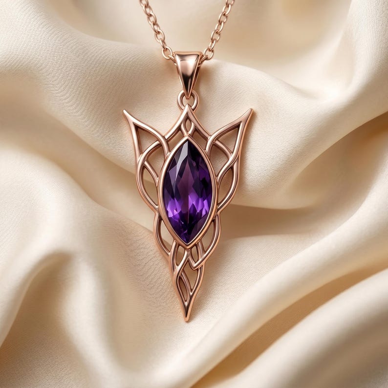 Elven Birthstone Pendant Necklace | Sterling Silver Amethyst | Elven Fantasy & Mystical Design | Meaningful Gift for Her image 12