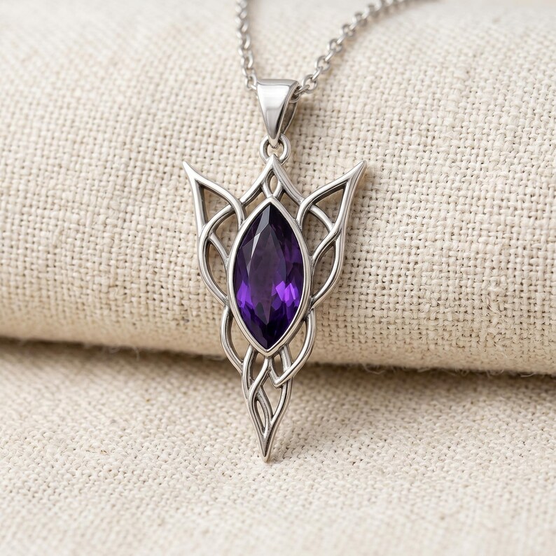 Elven Birthstone Pendant Necklace | Sterling Silver Amethyst | Elven Fantasy & Mystical Design | Meaningful Gift for Her image 8