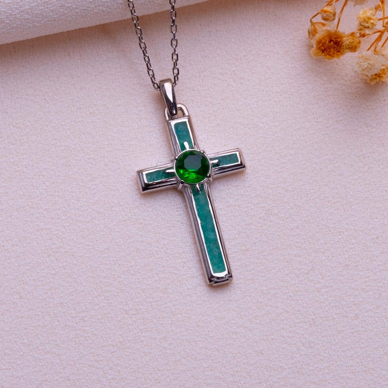 Handmade Natural Stone Cross Necklace with Birthstone, crafted from 925 sterling silver. Sideways cross symbolizes faith and protection, with natural stone resin for healing and personal energy. Available in 14K gold, silver, rose gold, or black plating. Adjustable cable chain (14–22 inch) with lobster clasp. Hypoallergenic and nickel-free. Perfect for baptisms, birthdays, or meaningful spiritual gifts. Gift-ready packaging included.