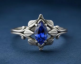 Elven Leaf Ring | 925 Sterling Silver Birthstone Jewelry | Nature-Inspired Blue Sapphire Design | Meaningful Gift for Her