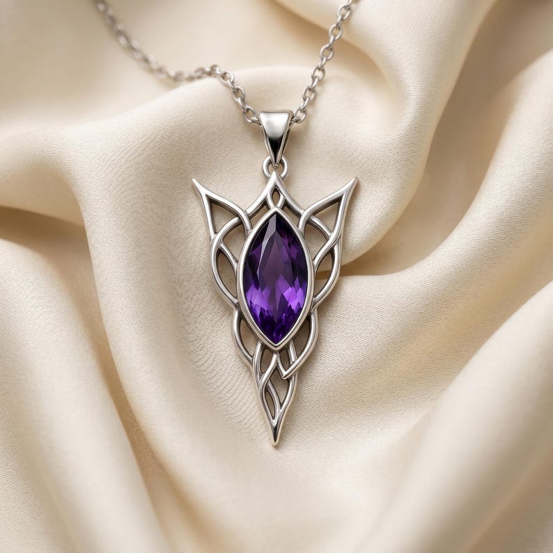 Elven Birthstone Pendant Necklace | Sterling Silver Amethyst | Elven Fantasy & Mystical Design | Meaningful Gift for Her image 6