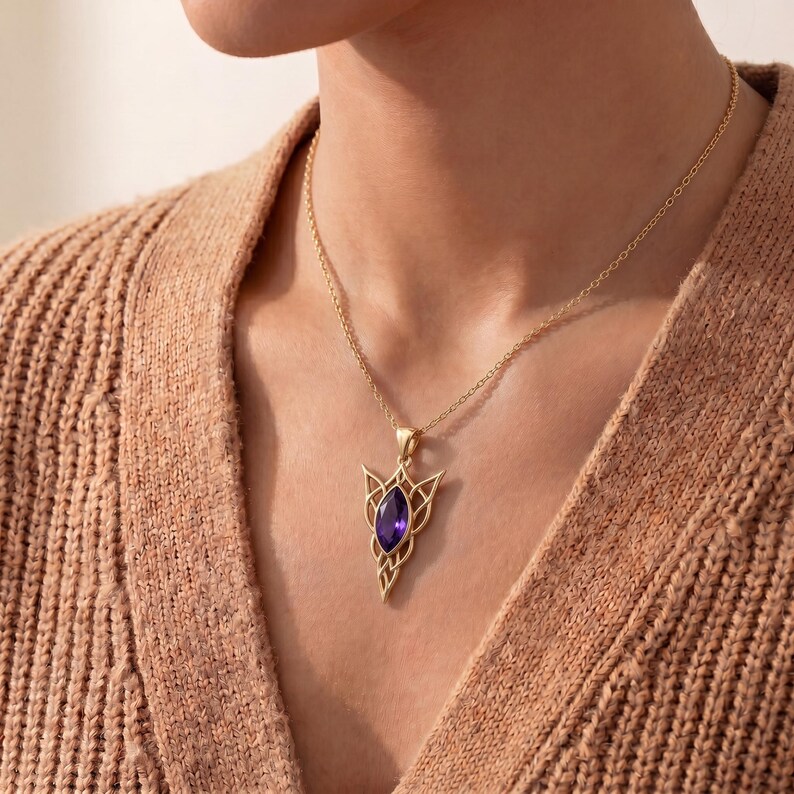 Elven Birthstone Pendant Necklace | Sterling Silver Amethyst | Elven Fantasy & Mystical Design | Meaningful Gift for Her image 7
