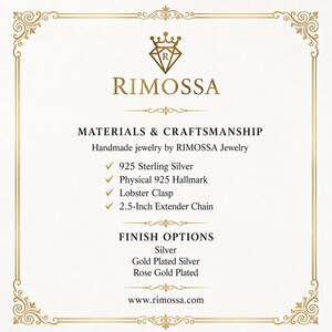 The image is a promotional material for RIMOSSA Jewelry, showcasing their handmade jewelry options. The text provides details about the materials and craftsmanship used in their jewelry, including Sterling Silver, Physical925 Hallmark, Lobster Clasp, and a 2.5-inch extender chain. The image also lists the finish options available, such as Silver, Gold Plated Silver, and Rose Gold Plated. The website for the jewelry company is also provided.