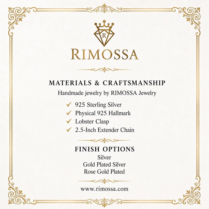 The image is a promotional material for RIMOSSA Jewelry, showcasing their handmade jewelry options. The text provides details about the materials and craftsmanship used in their jewelry, including Sterling Silver, Physical925 Hallmark, Lobster Clasp, and a 2.5-inch extender chain. The image also lists the finish options available, such as Silver, Gold Plated Silver, and Rose Gold Plated. The website for the jewelry company is also provided.