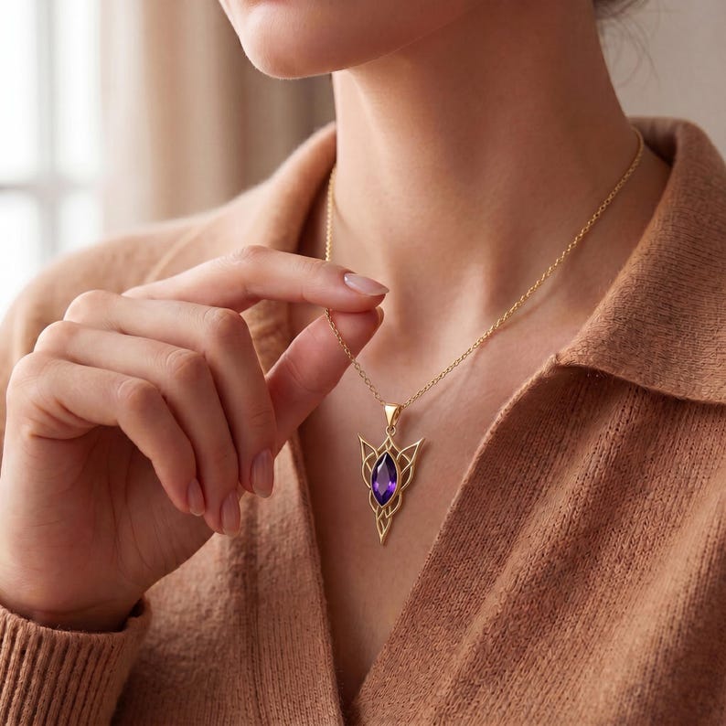 Elven Birthstone Pendant Necklace | Sterling Silver Amethyst | Elven Fantasy & Mystical Design | Meaningful Gift for Her image 5
