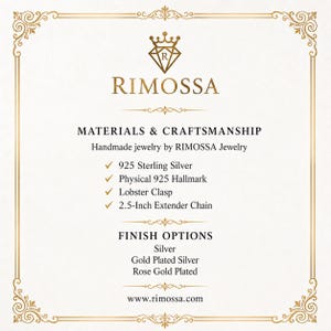 The image is a promotional material for RIMOSSA Jewelry, showcasing their handmade jewelry options. The text provides details about the materials and craftsmanship used in their jewelry, including Sterling Silver, Physical925 Hallmark, Lobster Clasp, and a 2.5-inch extender chain. The image also lists the finish options available, such as Silver, Gold Plated Silver, and Rose Gold Plated. The website for the jewelry company is also provided.