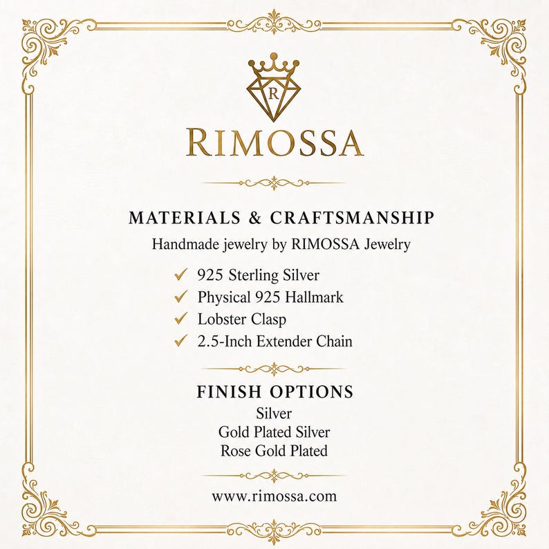 The image is a promotional material for RIMOSSA Jewelry, showcasing their handmade jewelry options. The text provides details about the materials and craftsmanship used in their jewelry, including Sterling Silver, Physical925 Hallmark, Lobster Clasp, and a 2.5-inch extender chain. The image also lists the finish options available, such as Silver, Gold Plated Silver, and Rose Gold Plated. The website for the jewelry company is also provided.