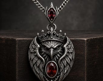 Crowned Black Eagle Garnet 925 Sterling Silver Pendant Necklace