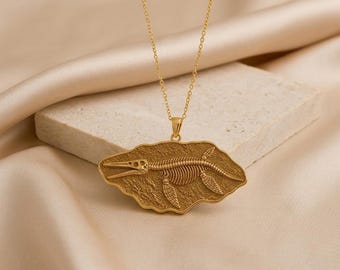 Kronosaurus Fossil Pendant Necklace | Gold Plated Sterling Silver | Ancient Marine Life Theme | Unique Statement Gift