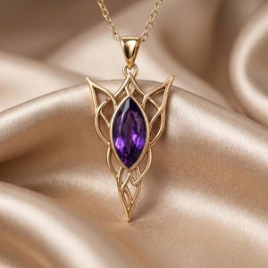 Elven Birthstone Pendant Necklace | Sterling Silver Amethyst | Elven Fantasy & Mystical Design | Meaningful Gift for Her image 9