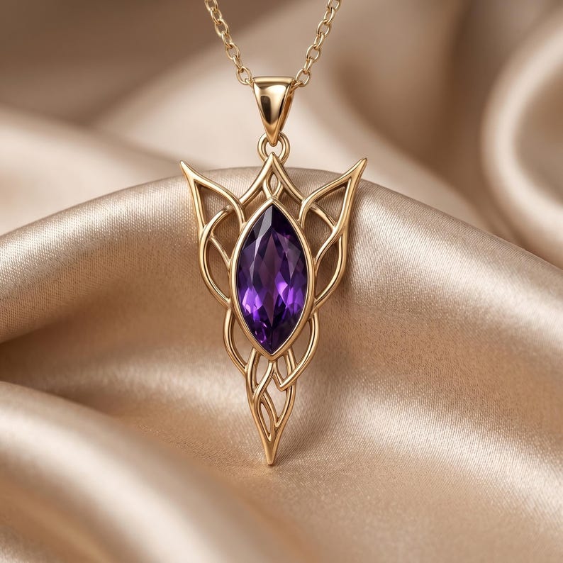 Elven Birthstone Pendant Necklace | Sterling Silver Amethyst | Elven Fantasy & Mystical Design | Meaningful Gift for Her image 9