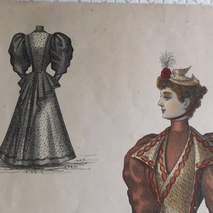 ANTIQUE Victorian Fashion Illustration 1894 - Brown and Taupe Silk Dress - Highly Detailed and Large
