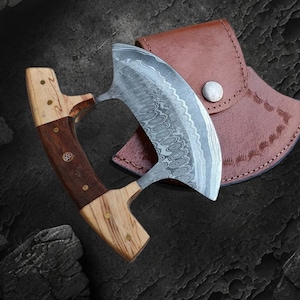 Custom Damascus Steel Ulu Knife with Dual Wooden Handles and Sheath
