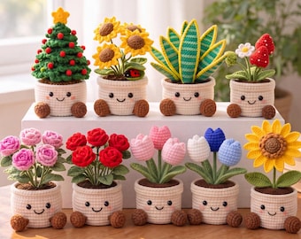Hand Crochet Sunflower/ Tuilp/Monstera/Strawberry Potted Plant, Cute Knitted Plant Pot, Desk Home Decor, Handmade Gift for Plant Lovers