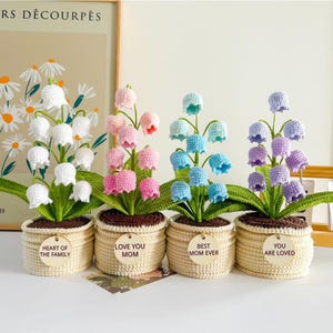 Crochet Flower in Pot, Crochet Flower Plant, Desk Decor, Crochet Lily of the Valley, Sunflower, Crochet Gifts with Custom Tags