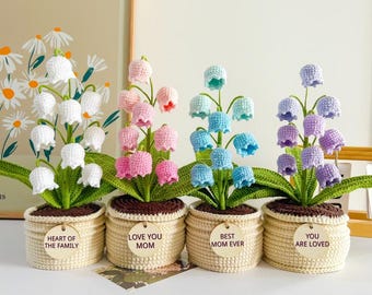 Crochet Flower in Pot, Crochet Flower Plant, Desk Decor, Crochet Lily of the Valley, Crochet in Pot, Crochet Gifts with Custom Tags