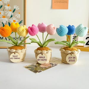 Christian Gift for Her - Crochet Sunflower, Lily, or Tulip in Pot - Faith Gift, Crochet Desk Decor, Affirmation Gift, Crochet Flower Pot