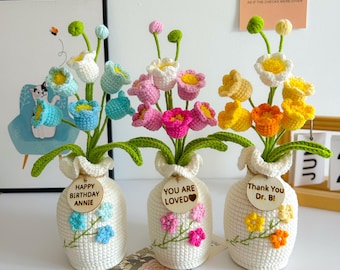 Crochet Flower in Pot, Crochet Flower Plant, Desk Decor, Crochet Lily of the Valley, Crochet Gifts with Custom Tags