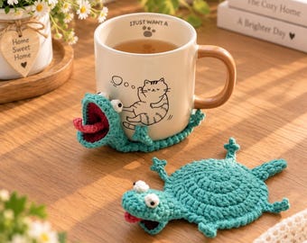 Crochet Animal Coaster, Cute Frog Turtle Mug Rug, Handmade Drink Coaster, Unique Coffee Table Decor, Funny Gift for Her, Housewarming Gift