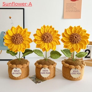 Christian Gift for Her - Crochet Sunflower, Lily, Rose, Tulip in Pot - Faith Gift, Crochet Desk Decor, Affirmation Gift, Crochet Flower Pot