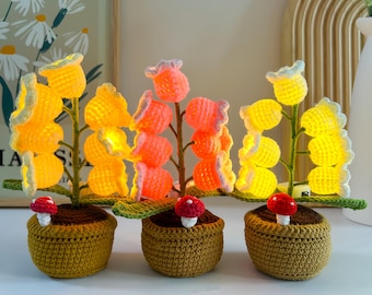 Crochet Lily of the valley Potted Plant Light Lamp, Crochet Flower Desk Decoration,Flash Night light, Forever Gift, Birthday, Christmas Gift