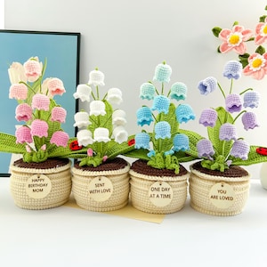 Crochet Flower in Pot, Crochet Flower Plant, Desk Decor, Crochet Lily of the Valley, Crochet in Pot, Crochet Gifts with Custom Tags