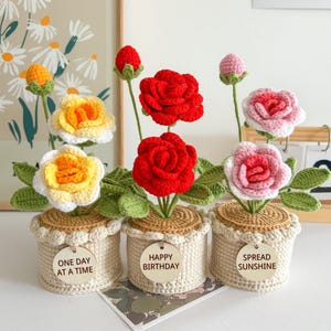 Może przedstawiać: Szydełkowe kompozycje kwiatowe w kremowych doniczkach. Kwiaty są czerwone, żółte i różowe, z zielonymi liśćmi. Każda doniczka ma drewnianą etykietę z napisami: "ONE DAY AT A TIME", "HAPPY BIRTHAY" i "SPREAD SUNSHINE".