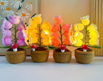 Crochet Lily of the valley Potted Plant Light Lamp, Crochet Flower Desk Decoration,Flash Night light, Forever Gift, Birthday, Christmas Gift